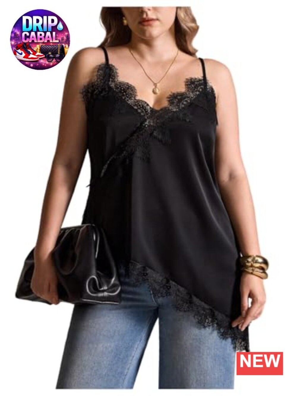 Plus Size Lace Trim Cami Top Spaghetti Strap Sleeveless V Neck Asymmetrical